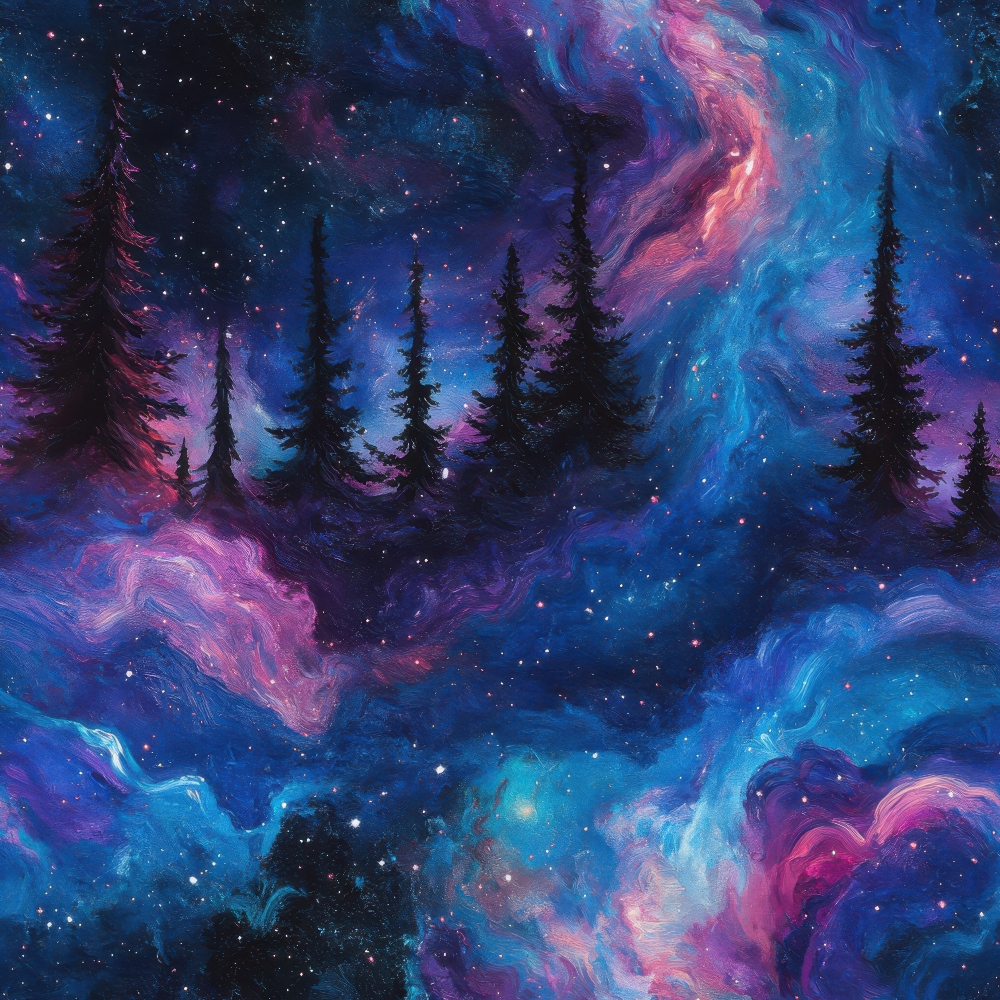 aurora borealis, northern lights, starry night, evergreen trees, pine forest, cosmic sky, deep blue, magenta pink, purple nebula, celestial scene, night sky, swirling clouds, twinkling stars, mystical atmosphere,, fabric panel, galaxy pattern, ethereal glow, wilderness silhouette, cosmic dance