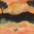 orange, yellow, coral, peach, black, starry night, aurora borealis, mountain silhouettes, tree silhouettes, cosmic sky, celestial pattern, landscape scene, dreamy atmosphere,, fabric panel, sunset colors, stellar design, nature motif, evening sky, flowing nebula