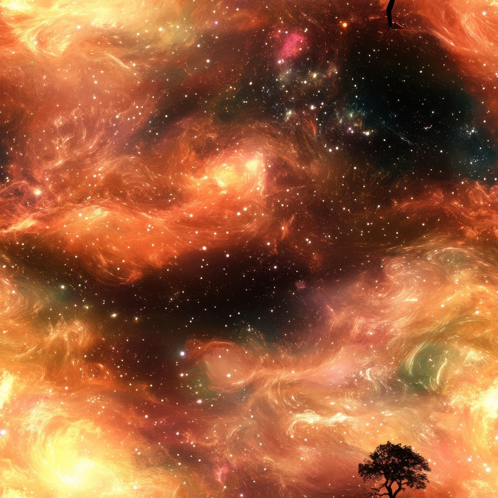 aurora borealis, starry night, cosmic sky, orange nebula, golden swirls, pink accents, celestial patterns, space theme, silhouette tree,, fabric panel, dreamy atmosphere, swirling clouds, night sky, astronomical design, warm colors, fantasy landscape, cotton fabric, quilting material, cosmic nebula