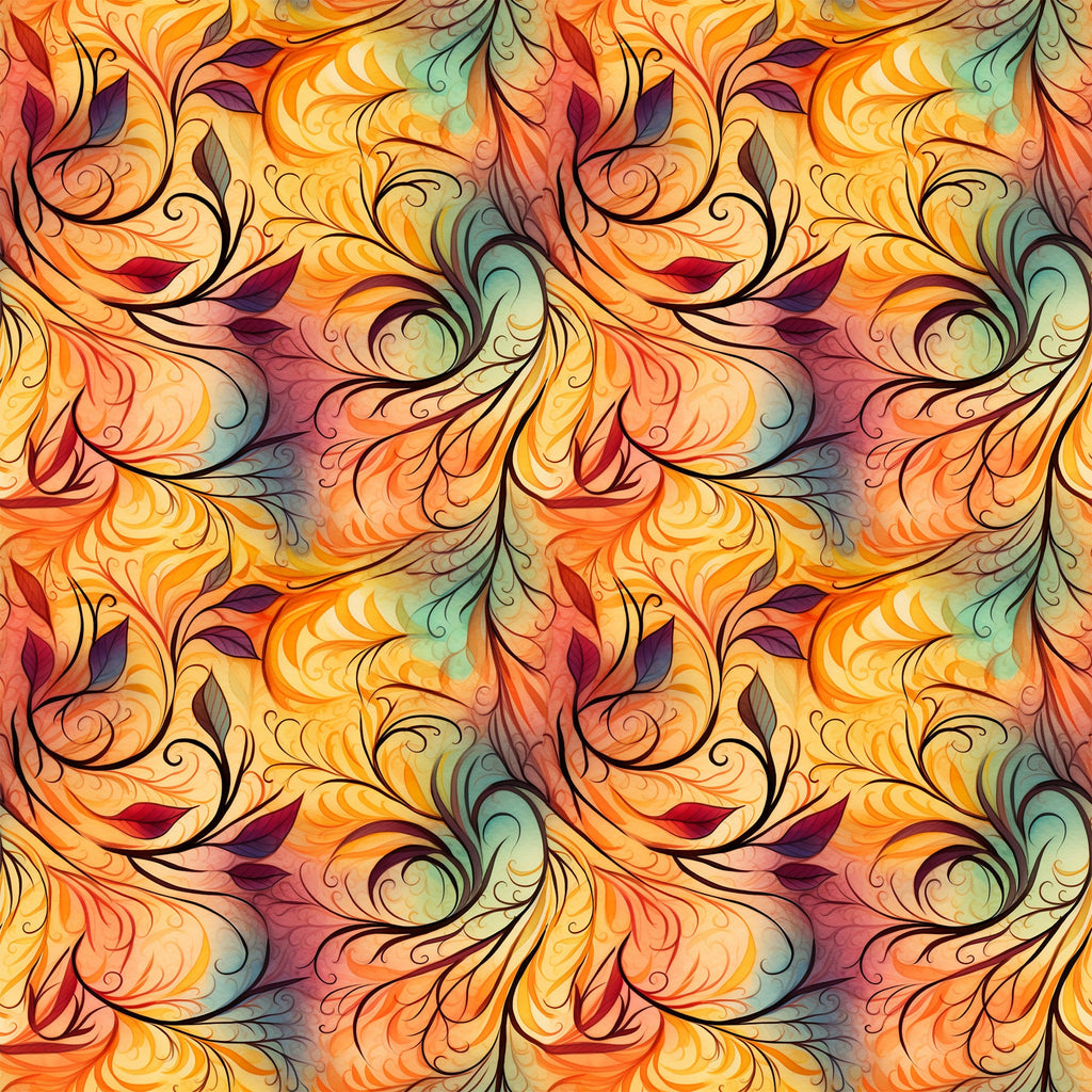 autumn swirls, orange, yellow, burgundy, teal, green, flowing pattern, ornate scrollwork, decorative flourishes, botanical motifs, leaf designs, warm colors, fall theme,, fabric panel, seamless repeat, organic curves, nature inspired, harvest colors, artistic swirls