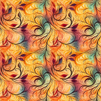 autumn swirls, orange, yellow, burgundy, teal, green, flowing pattern, ornate scrollwork, decorative flourishes, botanical motifs, leaf designs, warm colors, fall theme,, fabric panel, seamless repeat, organic curves, nature inspired, harvest colors, artistic swirls