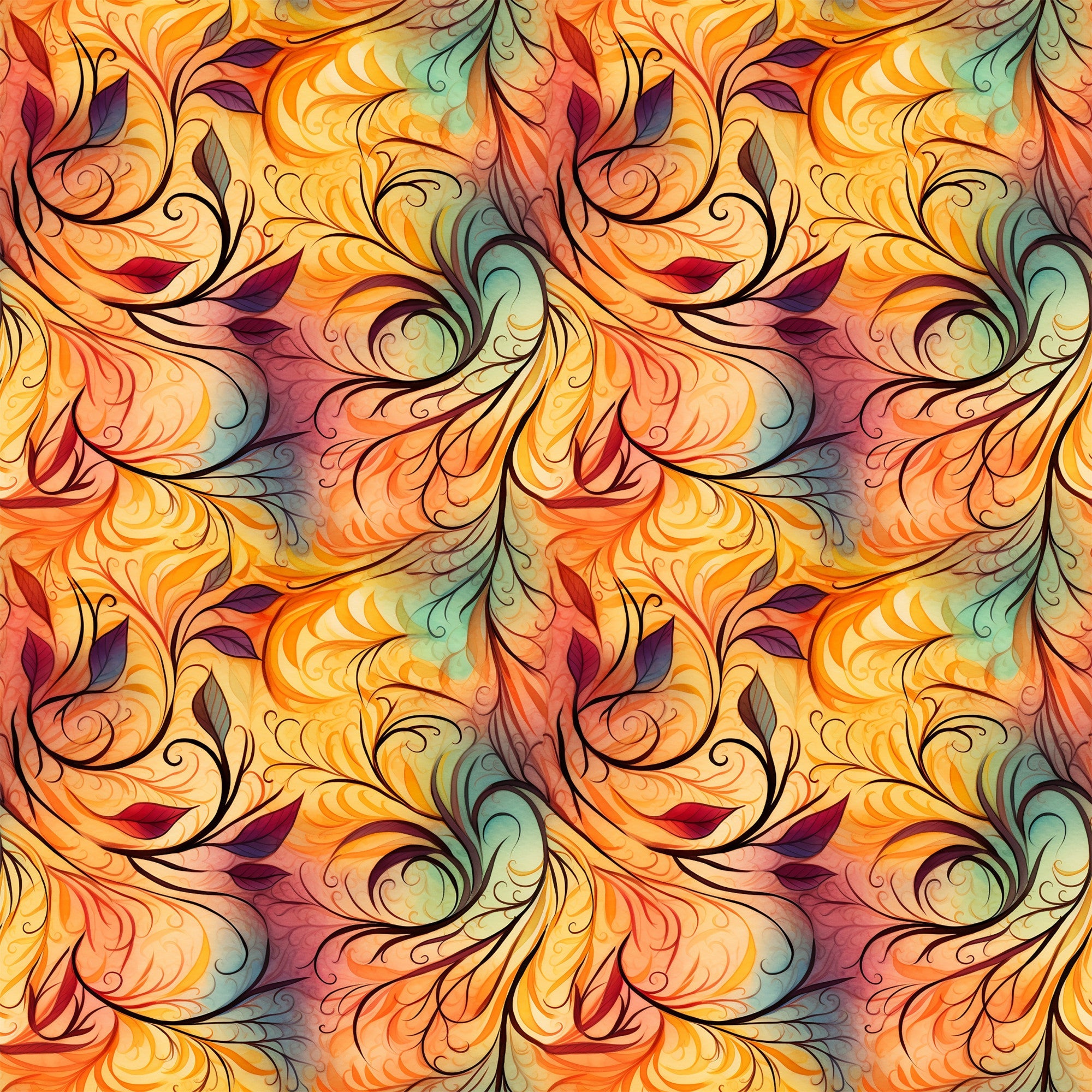 autumn swirls, orange, yellow, burgundy, teal, green, flowing pattern, ornate scrollwork, decorative flourishes, botanical motifs, leaf designs, warm colors, fall theme,, fabric panel, seamless repeat, organic curves, nature inspired, harvest colors, artistic swirls