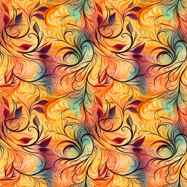 autumn swirls, orange, yellow, burgundy, teal, green, flowing pattern, ornate scrollwork, decorative flourishes, botanical motifs, leaf designs, warm colors, fall theme,, fabric panel, seamless repeat, organic curves, nature inspired, harvest colors, artistic swirls
