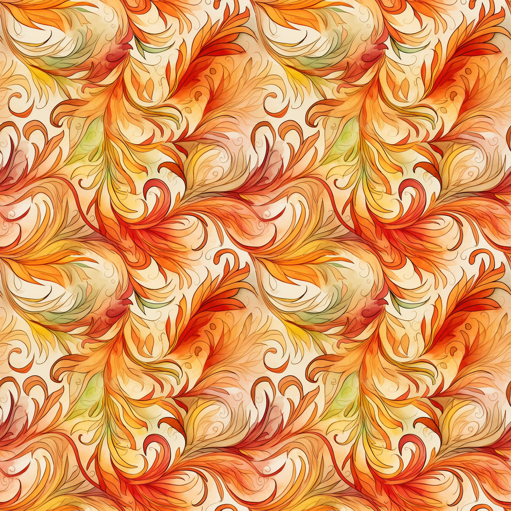 autumn swirls, orange, red, yellow, cream, golden, flowing patterns, decorative scrollwork, ornate flourishes, seamless repeat,, fabric panel, warm tones, fall colors, botanical motifs, elegant curves, artistic swirls, seasonal design, crafting material