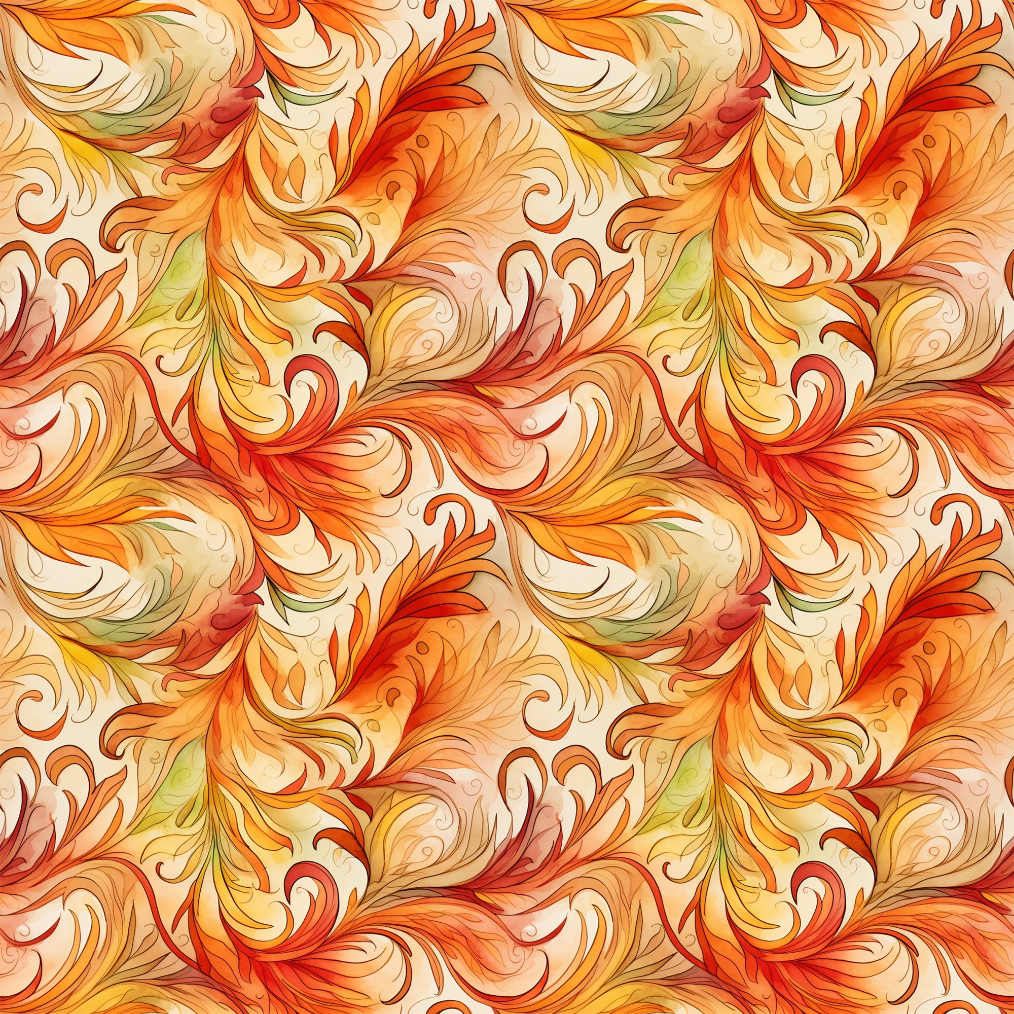 autumn swirls, orange, red, yellow, cream, golden, flowing patterns, decorative scrollwork, ornate flourishes, seamless repeat,, fabric panel, warm tones, fall colors, botanical motifs, elegant curves, artistic swirls, seasonal design, crafting material