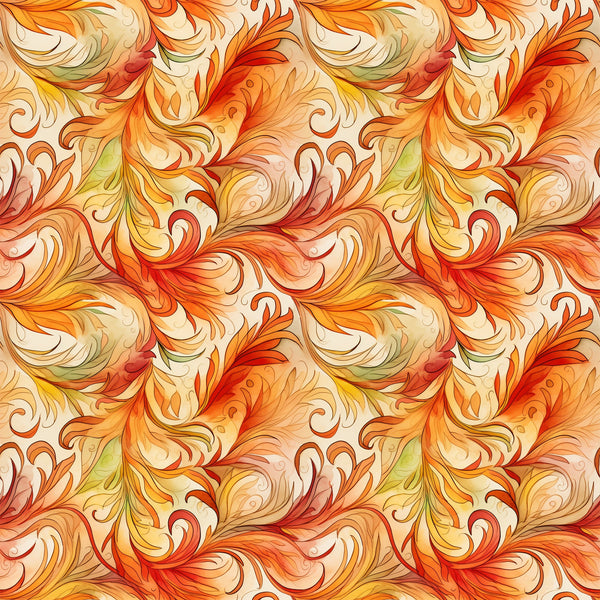 autumn swirls, orange, red, yellow, cream, golden, flowing patterns, decorative scrollwork, ornate flourishes, seamless repeat,, fabric panel, warm tones, fall colors, botanical motifs, elegant curves, artistic swirls, seasonal design, crafting material