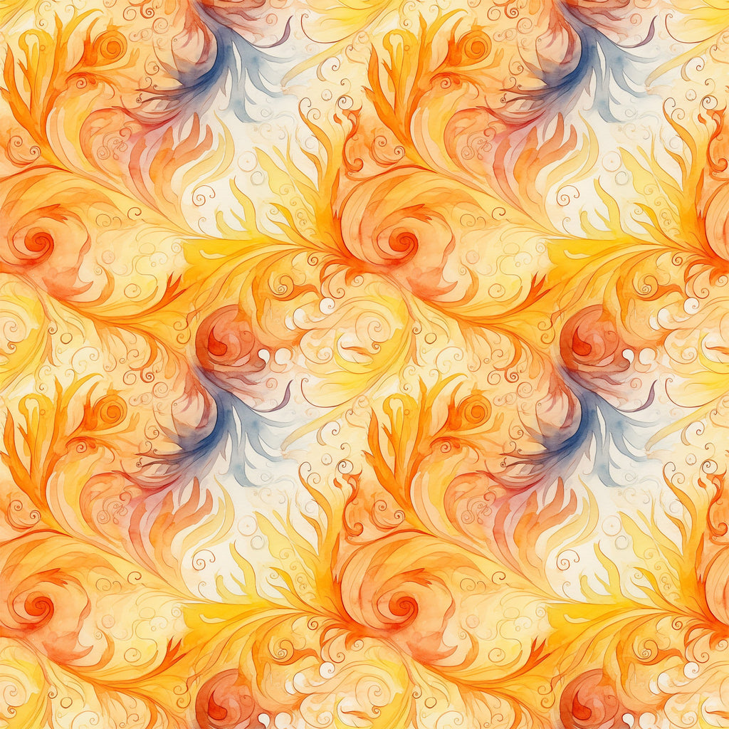 orange, yellow, peach, cream, blue accents, swirls, spirals, flowing curves, ornate scrollwork, autumn leaves, decorative flourishes, warm tones, watercolor style, elegant pattern,, fabric panel, fall theme, botanical motifs, seamless repeat, artistic swirls