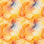 orange, yellow, peach, cream, blue accents, swirls, spirals, flowing curves, ornate scrollwork, autumn leaves, decorative flourishes, warm tones, watercolor style, elegant pattern,, fabric panel, fall theme, botanical motifs, seamless repeat, artistic swirls