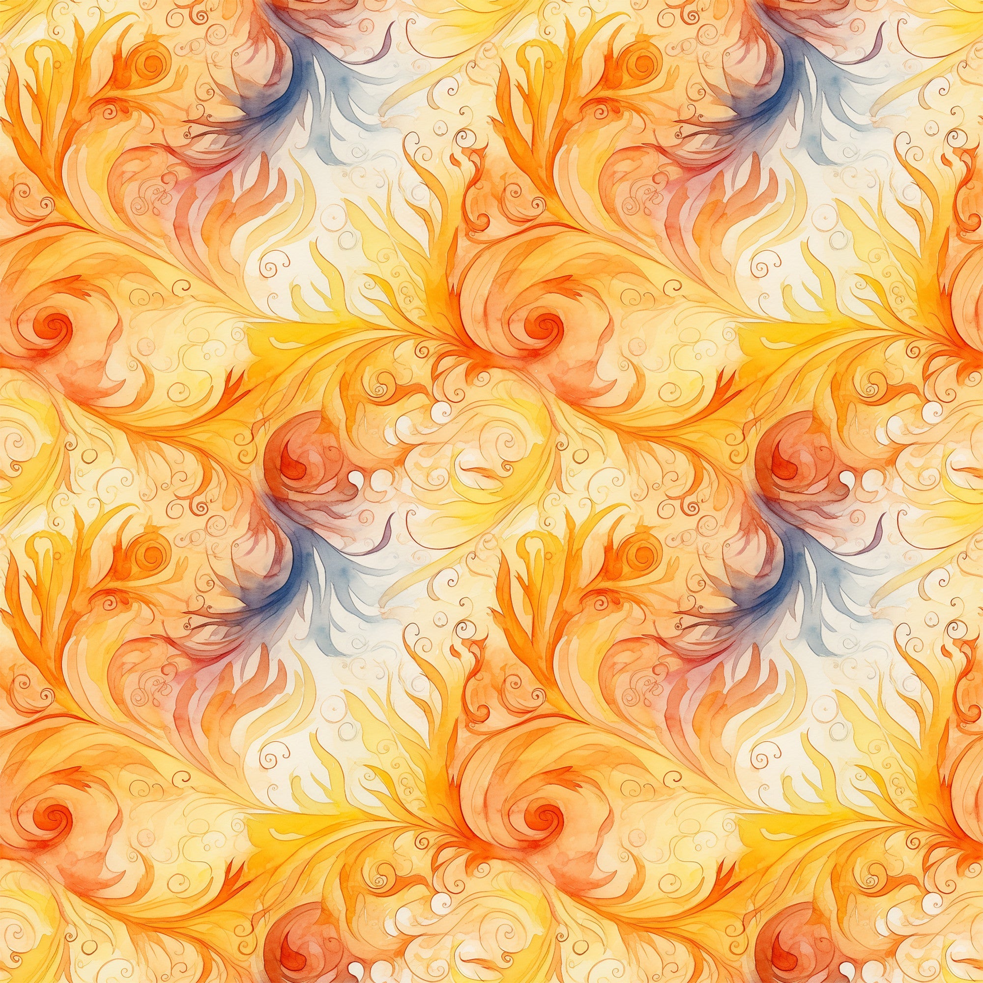orange, yellow, peach, cream, blue accents, swirls, spirals, flowing curves, ornate scrollwork, autumn leaves, decorative flourishes, warm tones, watercolor style, elegant pattern,, fabric panel, fall theme, botanical motifs, seamless repeat, artistic swirls