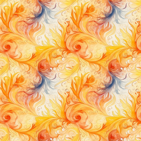 orange, yellow, peach, cream, blue accents, swirls, spirals, flowing curves, ornate scrollwork, autumn leaves, decorative flourishes, warm tones, watercolor style, elegant pattern,, fabric panel, fall theme, botanical motifs, seamless repeat, artistic swirls