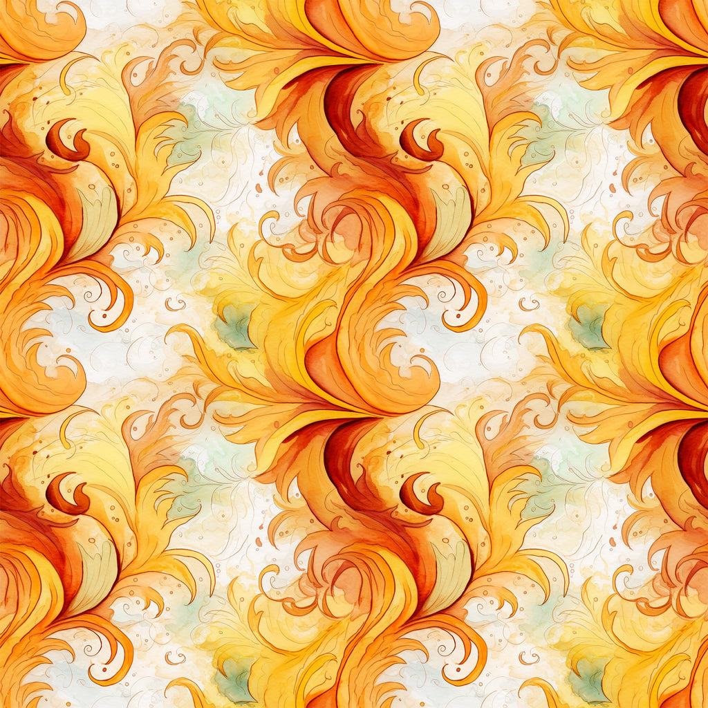 autumn swirls, orange, yellow, red, golden, cream, flowing curves, spiral patterns, ornate scrollwork, decorative flourishes, warm colors, fall theme, seamless repeat,, fabric panel, watercolor style, elegant swirls, filigree design, continuous pattern, seasonal motifs