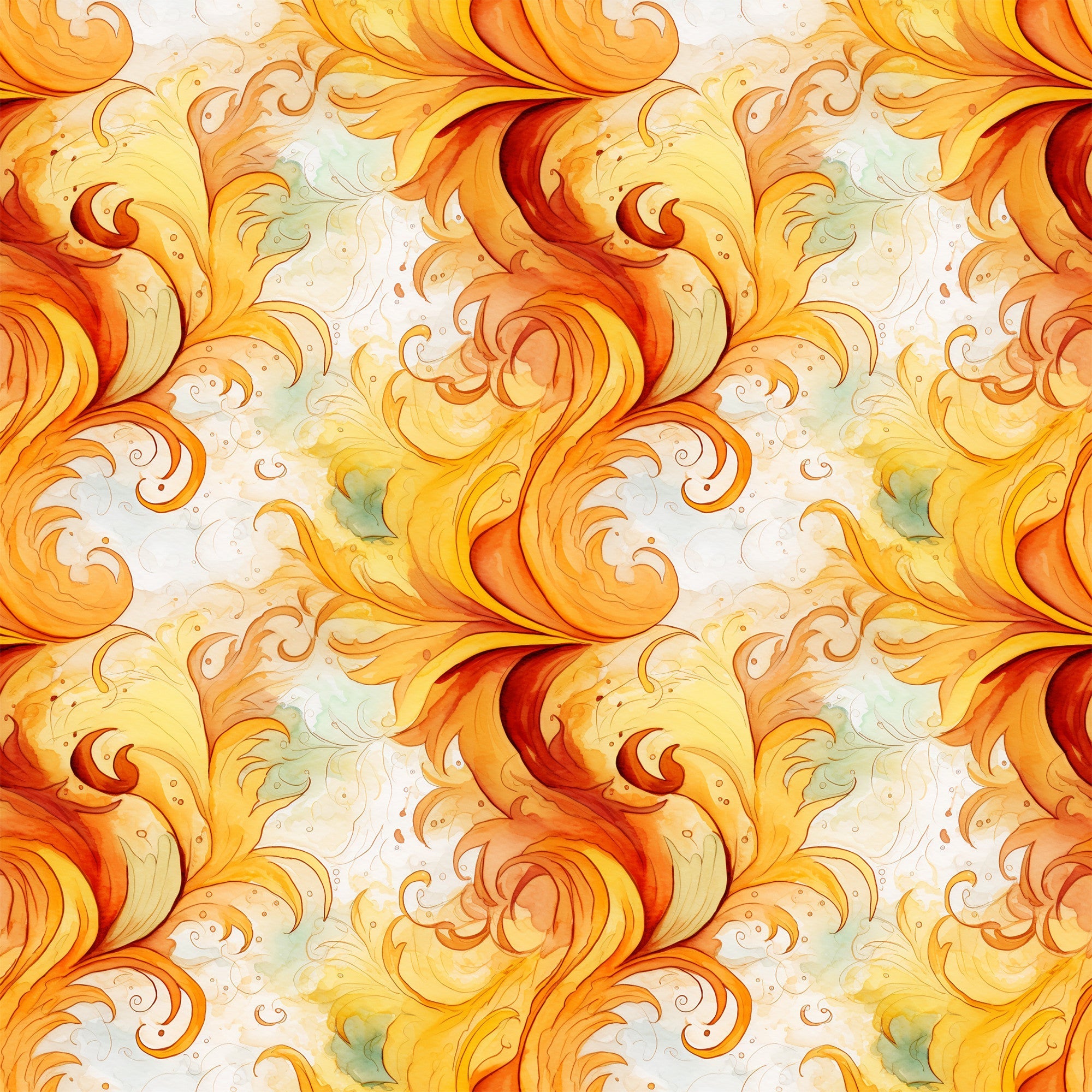 autumn swirls, orange, yellow, red, golden, cream, flowing curves, spiral patterns, ornate scrollwork, decorative flourishes, warm colors, fall theme, seamless repeat,, fabric panel, watercolor style, elegant swirls, filigree design, continuous pattern, seasonal motifs