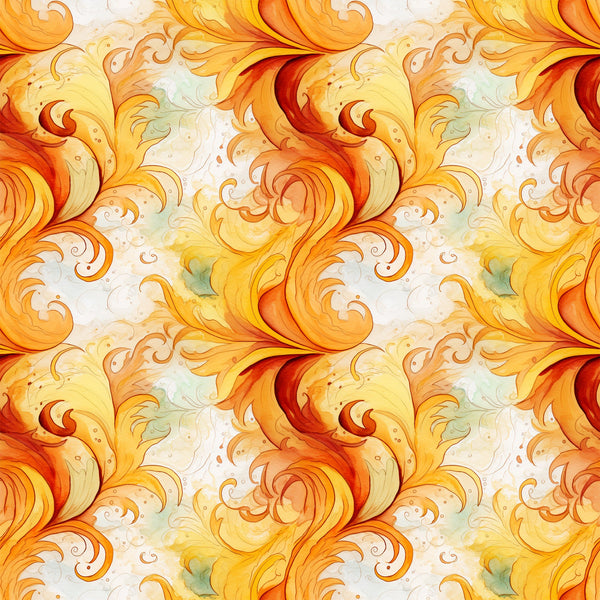 autumn swirls, orange, yellow, red, golden, cream, flowing curves, spiral patterns, ornate scrollwork, decorative flourishes, warm colors, fall theme, seamless repeat,, fabric panel, watercolor style, elegant swirls, filigree design, continuous pattern, seasonal motifs