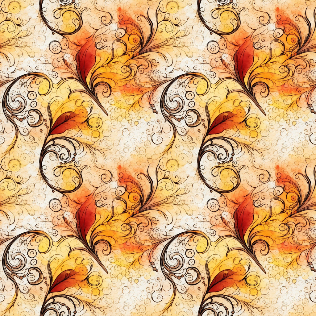 autumn colors, swirls, scrollwork, ornate flourishes, warm orange, golden yellow, deep red, cream background, decorative spirals, flowing curves, baroque style, elegant swirls, fall themed, seamless pattern,, fabric panel, ornamental design, filigree motifs, warm tones, continuous repeat