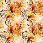 autumn colors, swirls, scrollwork, ornate flourishes, warm orange, golden yellow, deep red, cream background, decorative spirals, flowing curves, baroque style, elegant swirls, fall themed, seamless pattern,, fabric panel, ornamental design, filigree motifs, warm tones, continuous repeat