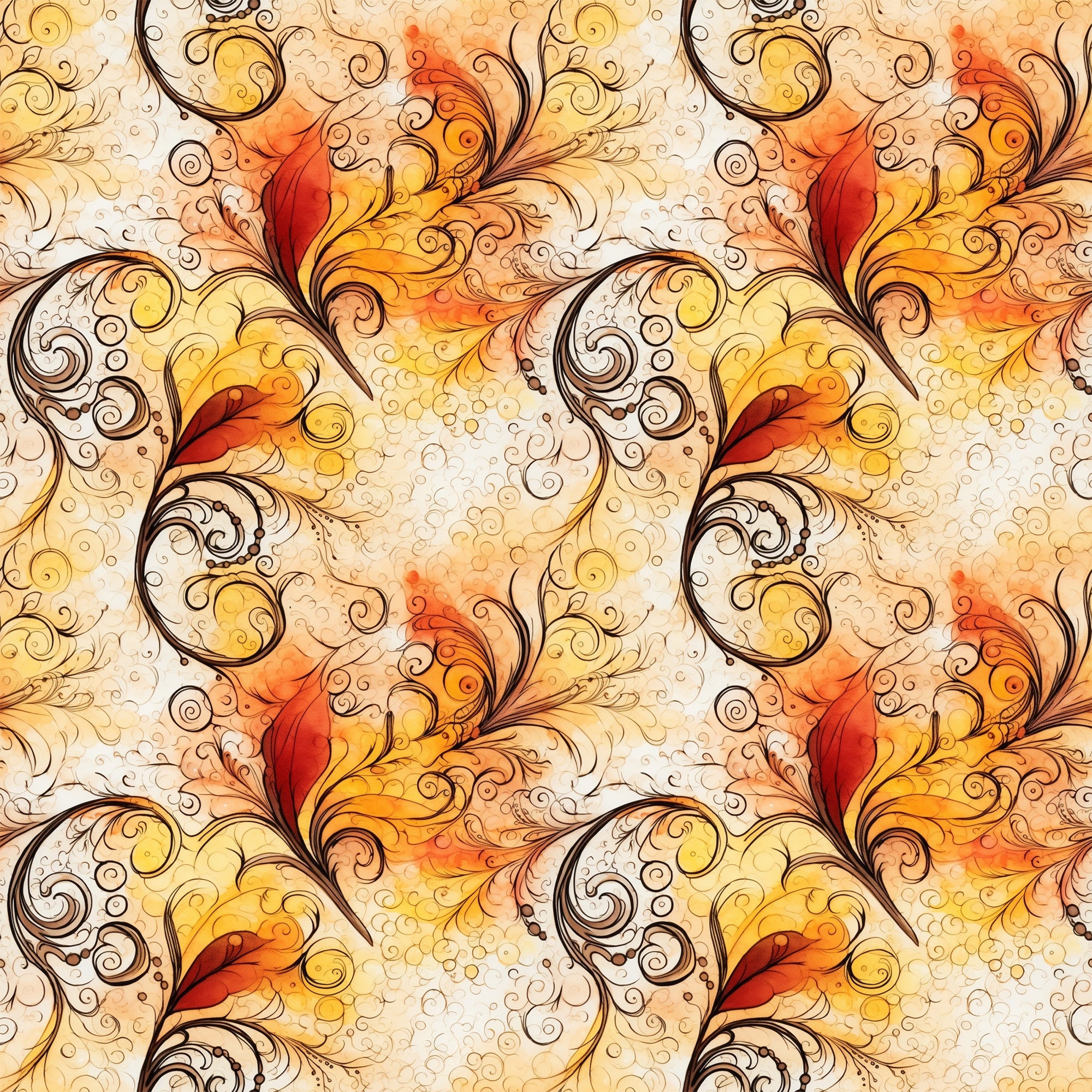 autumn colors, swirls, scrollwork, ornate flourishes, warm orange, golden yellow, deep red, cream background, decorative spirals, flowing curves, baroque style, elegant swirls, fall themed, seamless pattern,, fabric panel, ornamental design, filigree motifs, warm tones, continuous repeat