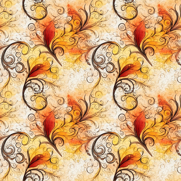 autumn colors, swirls, scrollwork, ornate flourishes, warm orange, golden yellow, deep red, cream background, decorative spirals, flowing curves, baroque style, elegant swirls, fall themed, seamless pattern,, fabric panel, ornamental design, filigree motifs, warm tones, continuous repeat