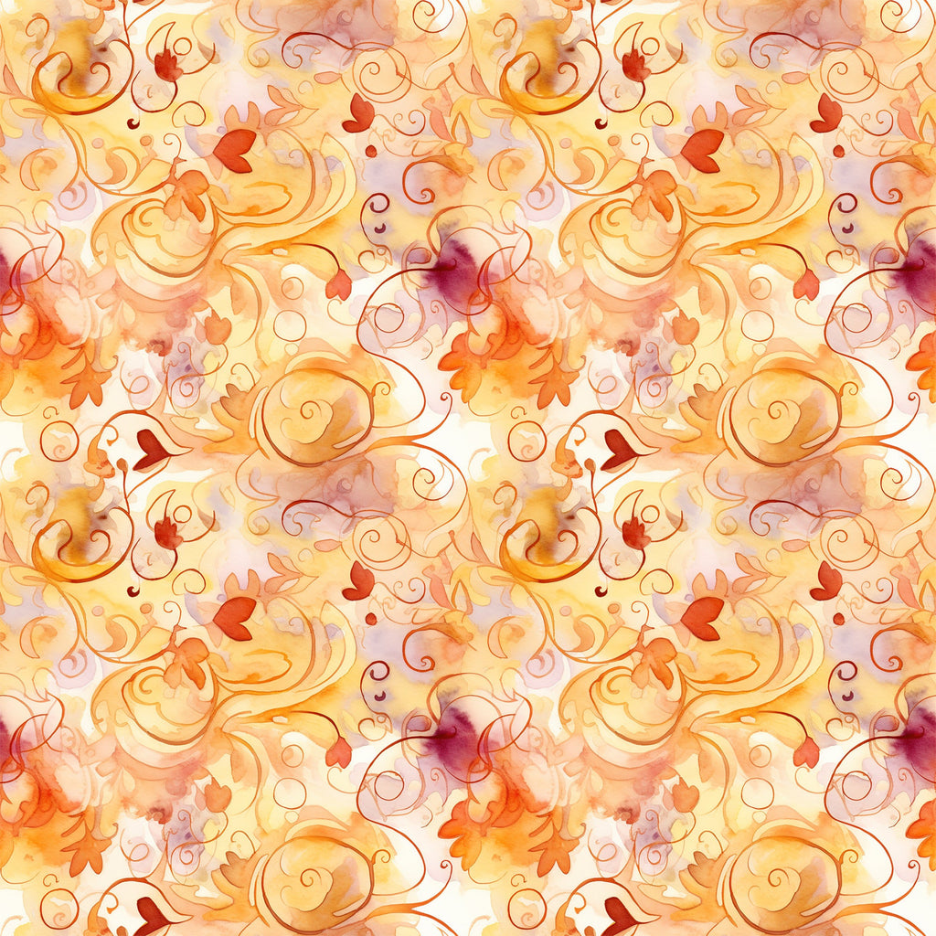 autumn leaves, swirls, orange, red, yellow, burgundy, watercolor style, flowing curves, scrollwork, fall foliage, warm tones, ornamental design, decorative swirls, leaf motifs, seasonal pattern,, fabric panel, whimsical, organic shapes, repeating pattern