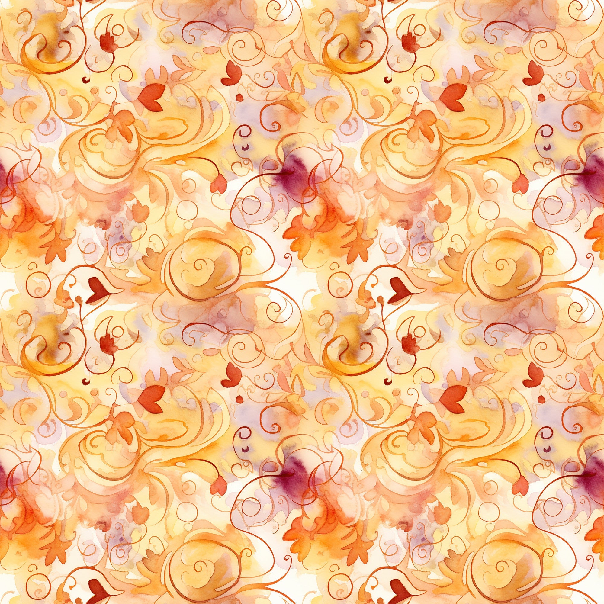autumn leaves, swirls, orange, red, yellow, burgundy, watercolor style, flowing curves, scrollwork, fall foliage, warm tones, ornamental design, decorative swirls, leaf motifs, seasonal pattern,, fabric panel, whimsical, organic shapes, repeating pattern
