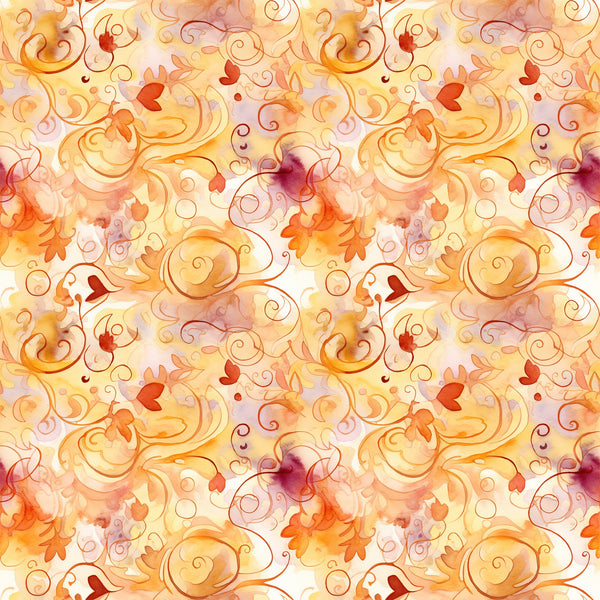 autumn leaves, swirls, orange, red, yellow, burgundy, watercolor style, flowing curves, scrollwork, fall foliage, warm tones, ornamental design, decorative swirls, leaf motifs, seasonal pattern,, fabric panel, whimsical, organic shapes, repeating pattern