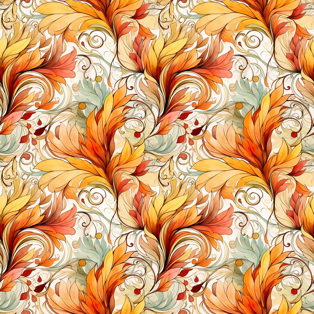 autumn leaves, swirl pattern, orange fabric, golden yellow, coral pink, sage green, cream background, flowing design, ornate scrollwork, decorative flourishes,, fabric panel, fall colors, botanical motifs, elegant swirls, warm tones, artistic pattern, seasonal fabric, curved elements, nature inspired