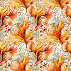 autumn leaves, swirl pattern, orange fabric, golden yellow, coral pink, sage green, cream background, flowing design, ornate scrollwork, decorative flourishes,, fabric panel, fall colors, botanical motifs, elegant swirls, warm tones, artistic pattern, seasonal fabric, curved elements, nature inspired