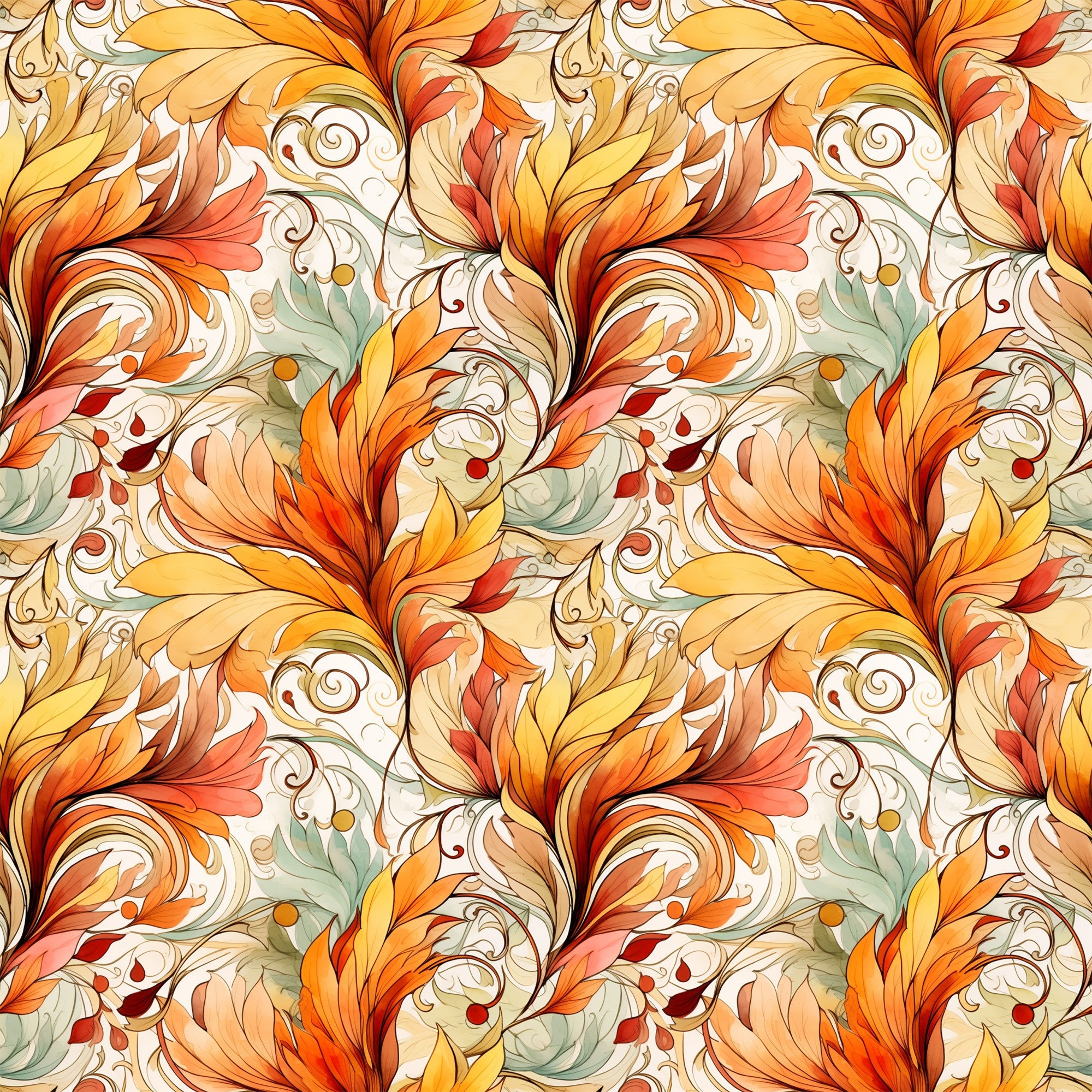 autumn leaves, swirl pattern, orange fabric, golden yellow, coral pink, sage green, cream background, flowing design, ornate scrollwork, decorative flourishes,, fabric panel, fall colors, botanical motifs, elegant swirls, warm tones, artistic pattern, seasonal fabric, curved elements, nature inspired