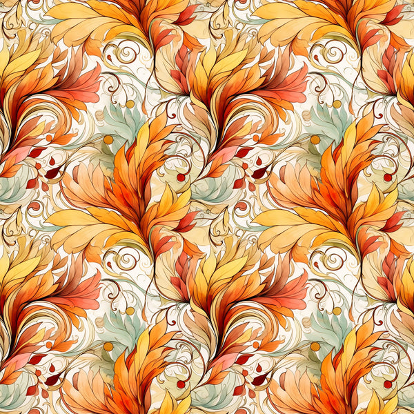 autumn leaves, swirl pattern, orange fabric, golden yellow, coral pink, sage green, cream background, flowing design, ornate scrollwork, decorative flourishes,, fabric panel, fall colors, botanical motifs, elegant swirls, warm tones, artistic pattern, seasonal fabric, curved elements, nature inspired