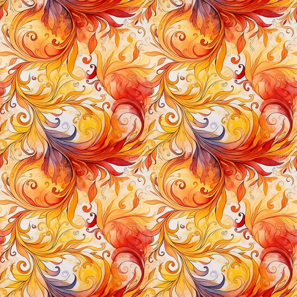autumn swirls, orange, red, yellow, burgundy, cream, flowing pattern, ornate scrollwork, decorative flourishes, baroque style, filigree design, warm tones, gradient colors, seamless repeat,, fabric panel, fall colors, elegant curves, ornamental motifs, swirling leaves