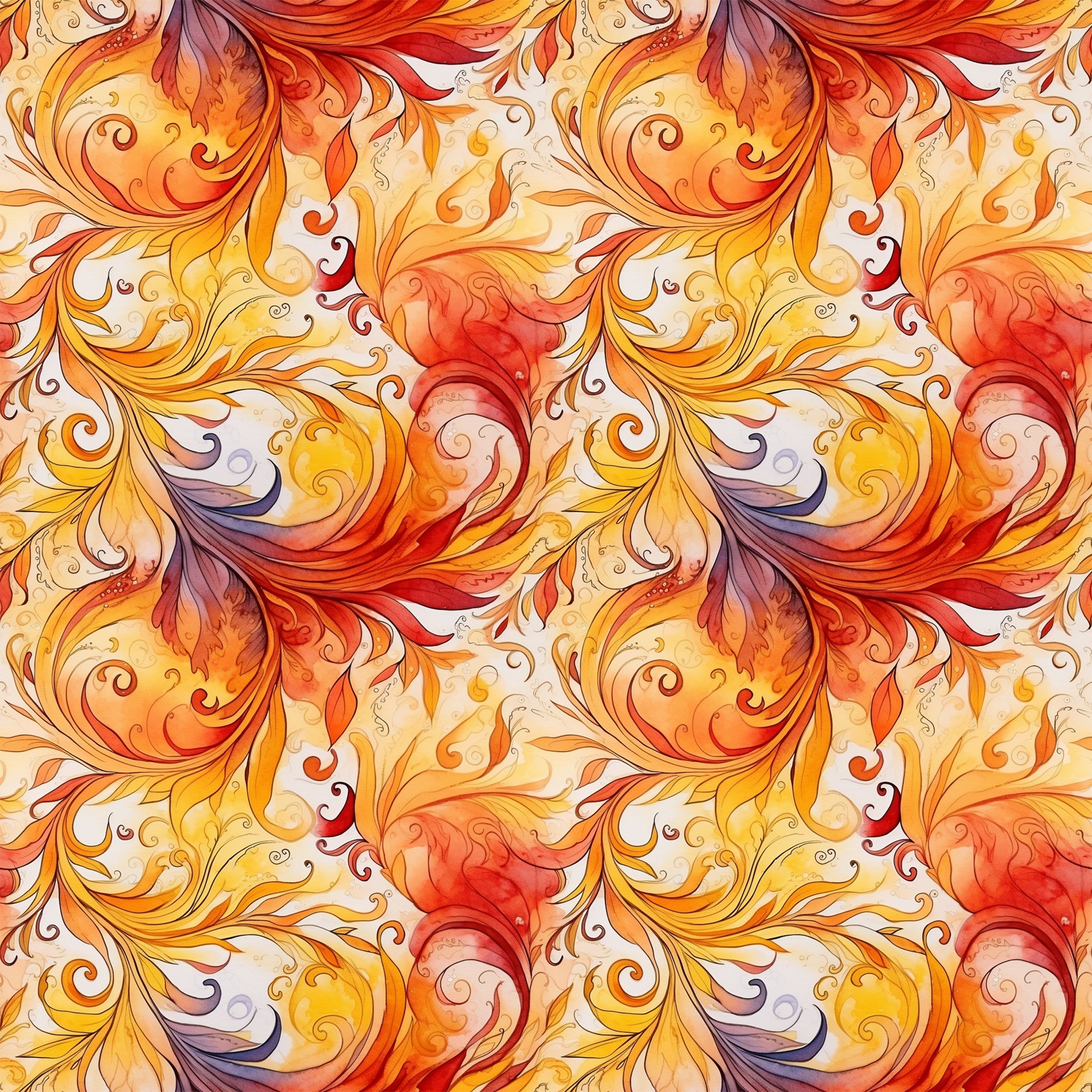 autumn swirls, orange, red, yellow, burgundy, cream, flowing pattern, ornate scrollwork, decorative flourishes, baroque style, filigree design, warm tones, gradient colors, seamless repeat,, fabric panel, fall colors, elegant curves, ornamental motifs, swirling leaves
