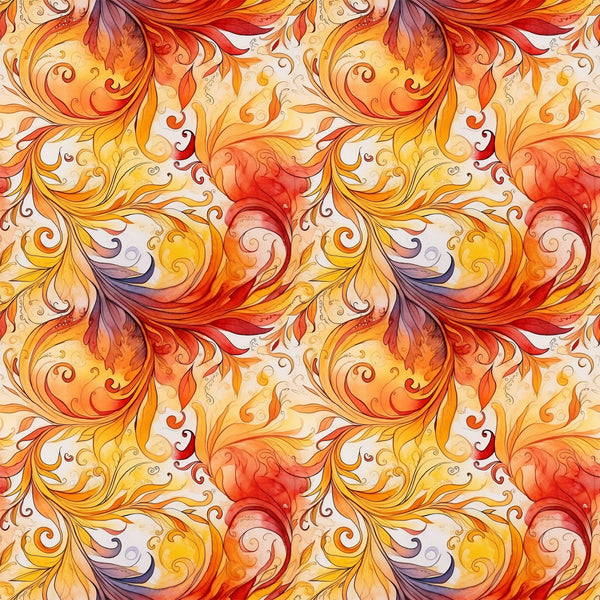 autumn swirls, orange, red, yellow, burgundy, cream, flowing pattern, ornate scrollwork, decorative flourishes, baroque style, filigree design, warm tones, gradient colors, seamless repeat,, fabric panel, fall colors, elegant curves, ornamental motifs, swirling leaves