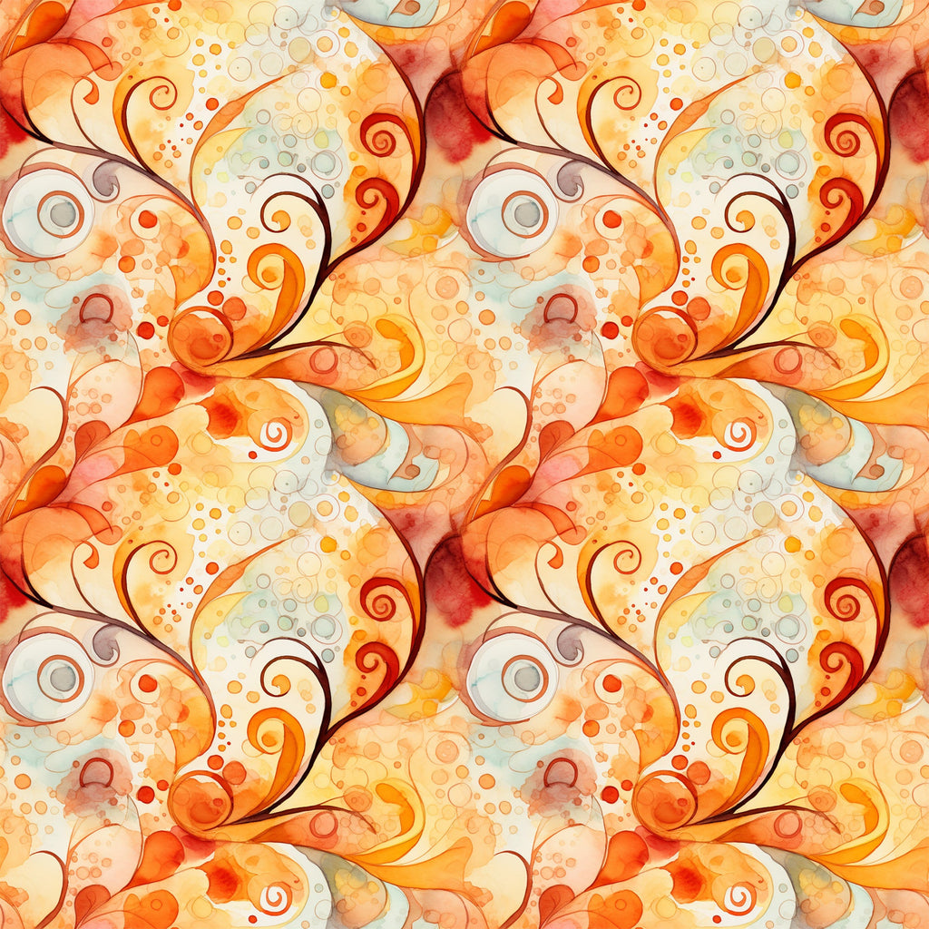 autumn swirls, orange, rust, yellow, cream, watercolor effect, spiral patterns, circular motifs, dots, bubbles, flowing design, abstract art, warm tones, seasonal fabric,, fabric panel, whimsical style, organic shapes, fall colors, repetitive pattern