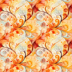autumn swirls, orange, rust, yellow, cream, watercolor effect, spiral patterns, circular motifs, dots, bubbles, flowing design, abstract art, warm tones, seasonal fabric,, fabric panel, whimsical style, organic shapes, fall colors, repetitive pattern