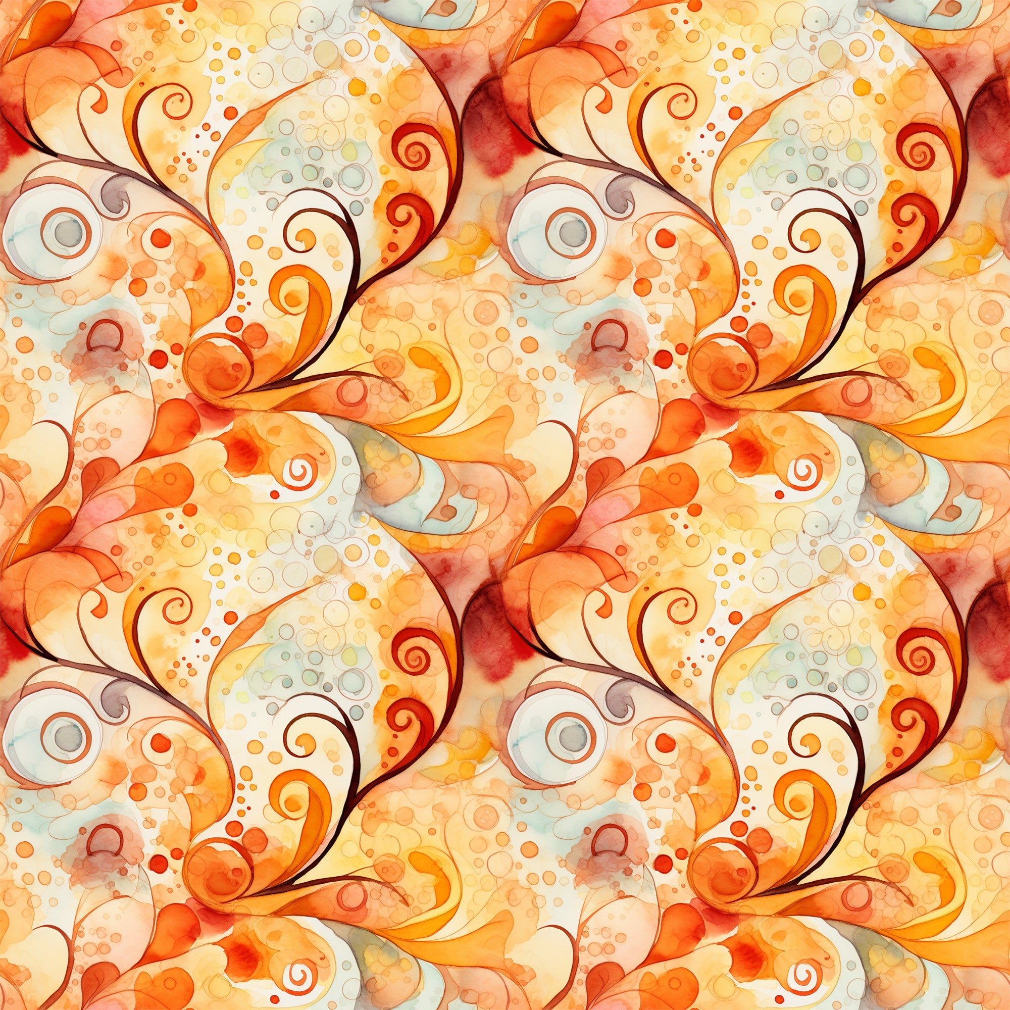 autumn swirls, orange, rust, yellow, cream, watercolor effect, spiral patterns, circular motifs, dots, bubbles, flowing design, abstract art, warm tones, seasonal fabric,, fabric panel, whimsical style, organic shapes, fall colors, repetitive pattern