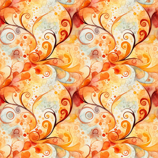 autumn swirls, orange, rust, yellow, cream, watercolor effect, spiral patterns, circular motifs, dots, bubbles, flowing design, abstract art, warm tones, seasonal fabric,, fabric panel, whimsical style, organic shapes, fall colors, repetitive pattern