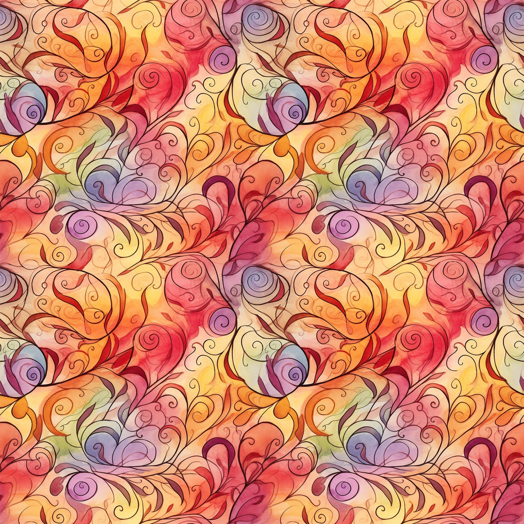 autumn swirls, orange, red, yellow, purple, pink, coral, warm colors, swirling patterns, flowing design, abstract swirls,, fabric panel, seamless pattern, watercolor style, autumn theme, fall colors, continuous design, decorative swirls, warm tones