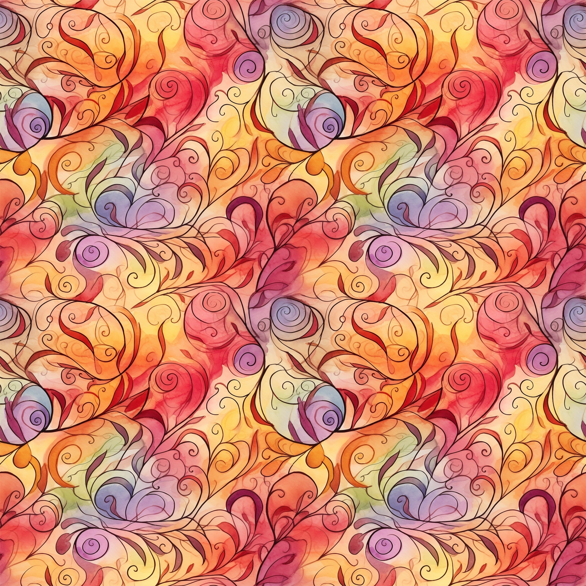 autumn swirls, orange, red, yellow, purple, pink, coral, warm colors, swirling patterns, flowing design, abstract swirls,, fabric panel, seamless pattern, watercolor style, autumn theme, fall colors, continuous design, decorative swirls, warm tones