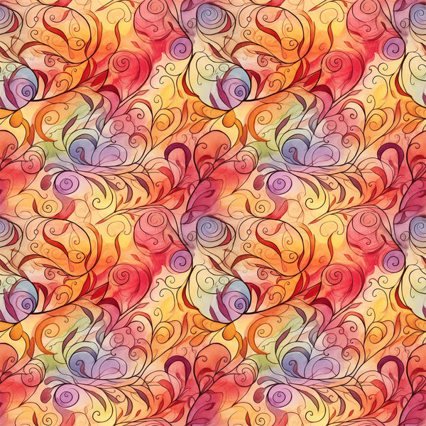 autumn swirls, orange, red, yellow, purple, pink, coral, warm colors, swirling patterns, flowing design, abstract swirls,, fabric panel, seamless pattern, watercolor style, autumn theme, fall colors, continuous design, decorative swirls, warm tones