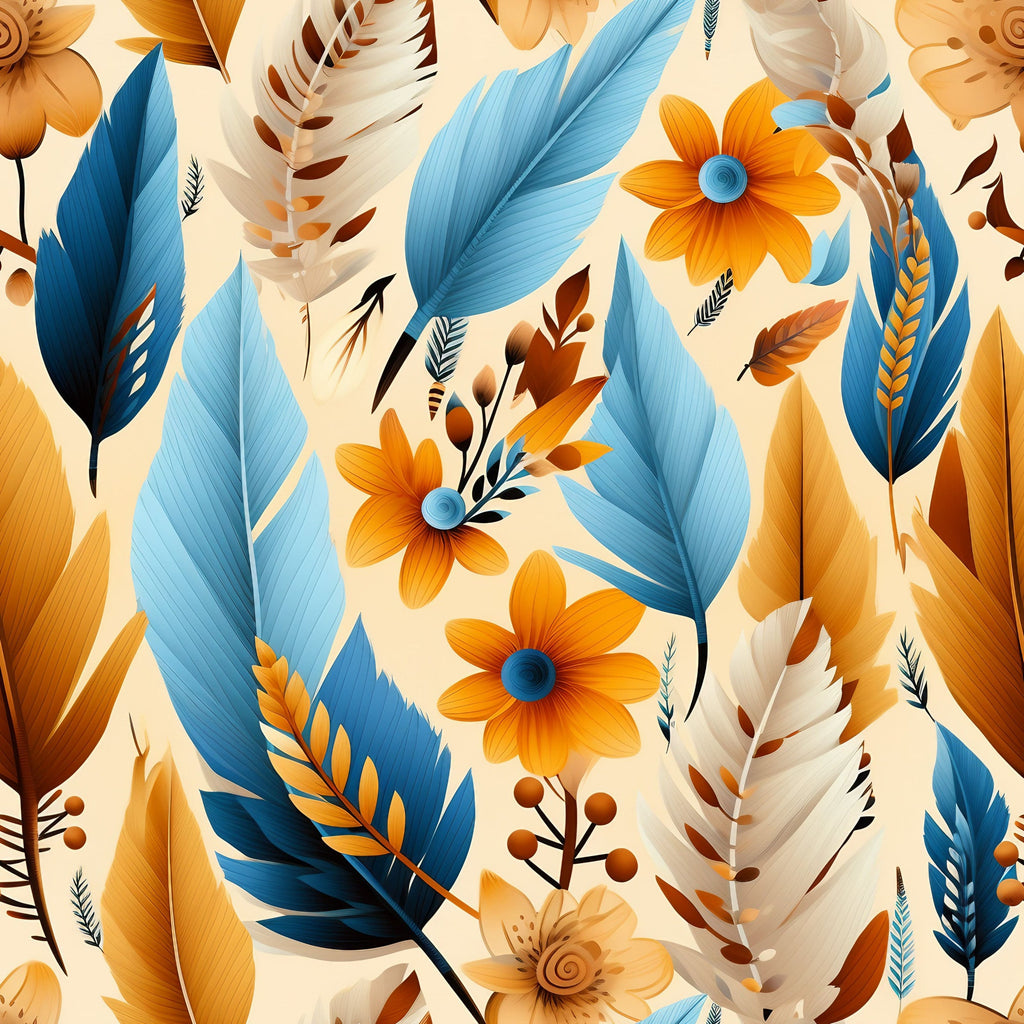 feathers, orange flowers, blue leaves, cream background, aztec pattern, tribal design, botanical motifs,, fabric panel, warm colors, cool blues, floral elements, geometric feathers, native american inspired, earthy tones, peach blossoms, turquoise foliage, decorative plumes, southwestern style, nature motifs