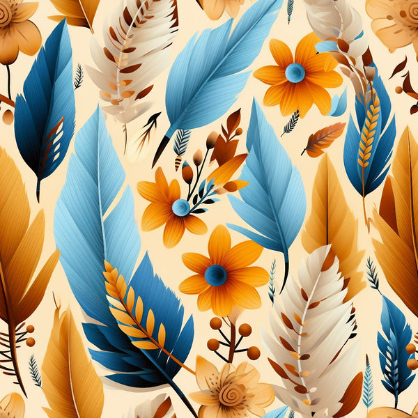 feathers, orange flowers, blue leaves, cream background, aztec pattern, tribal design, botanical motifs,, fabric panel, warm colors, cool blues, floral elements, geometric feathers, native american inspired, earthy tones, peach blossoms, turquoise foliage, decorative plumes, southwestern style, nature motifs
