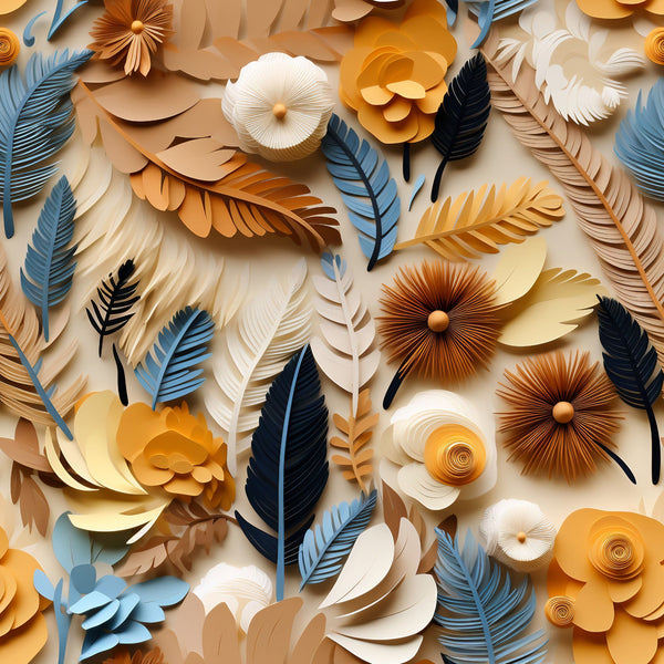 paper craft, feathers, dimensional flowers, layered petals, cream, orange, blue, navy, beige, textured design,, fabric panel, botanical elements, leaves, carved appearance, neutral palette, warm tones, nature inspired, artistic composition, handmade look