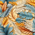 feathers, orange, blue, cream, beige, teal, golden yellow, layered feathers, overlapping design, soft gradients, detailed textures,, fabric panel, natural elements, warm tones, cool tones, flowing pattern, organic shapes, bird feathers, seamless repeat