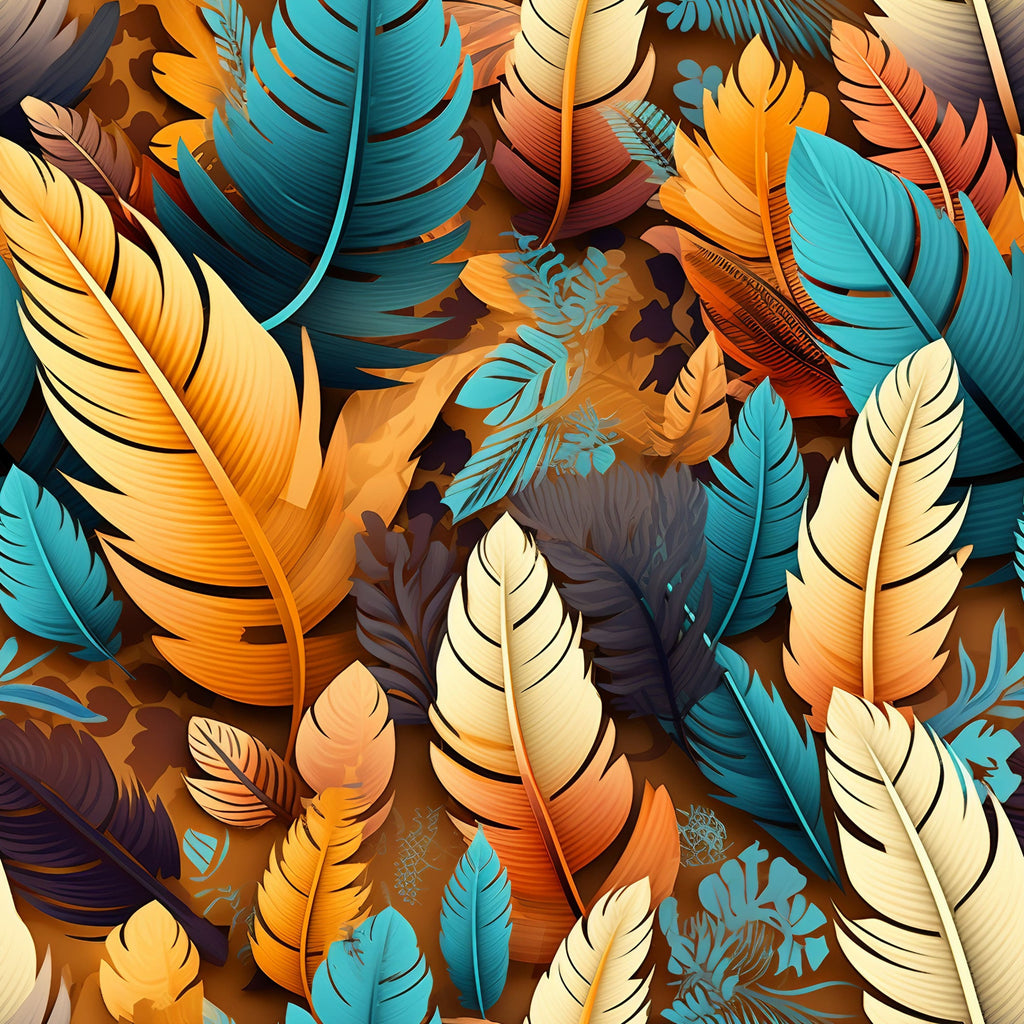 turquoise, orange, cream, brown, feathers, aztec pattern, tribal design, geometric motifs,, fabric panel, southwestern style, native american inspired, decorative plumes, layered feathers, warm earth tones, textured appearance, intricate details, bohemian aesthetic, cultural motifs