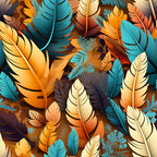 turquoise, orange, cream, brown, feathers, aztec pattern, tribal design, geometric motifs,, fabric panel, southwestern style, native american inspired, decorative plumes, layered feathers, warm earth tones, textured appearance, intricate details, bohemian aesthetic, cultural motifs