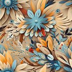 aztec feathers, teal blue, burnt orange, cream beige, navy accents, red highlights, layered petals, geometric florals, tribal motifs, feather plumes, southwestern style, bohemian pattern,, fabric panel, artistic illustration, dimensional design, ethnic inspired, warm earth tones, decorative elements