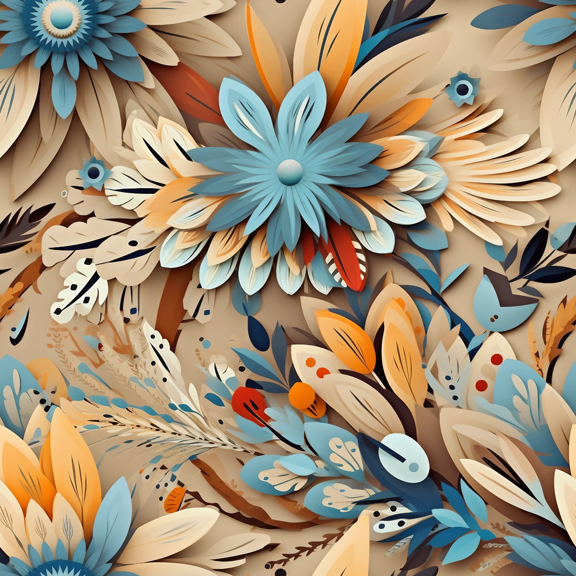 aztec feathers, teal blue, burnt orange, cream beige, navy accents, red highlights, layered petals, geometric florals, tribal motifs, feather plumes, southwestern style, bohemian pattern,, fabric panel, artistic illustration, dimensional design, ethnic inspired, warm earth tones, decorative elements