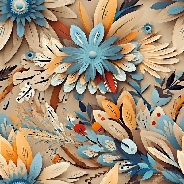 aztec feathers, teal blue, burnt orange, cream beige, navy accents, red highlights, layered petals, geometric florals, tribal motifs, feather plumes, southwestern style, bohemian pattern,, fabric panel, artistic illustration, dimensional design, ethnic inspired, warm earth tones, decorative elements