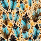 turquoise, brown, cream, orange, black, feather pattern, aztec design, tribal motifs, geometric shapes, floral elements, boho style, southwestern pattern,, fabric panel, native american inspired, decorative feathers, earth tones, bohemian aesthetic, craft fabric, patchwork material