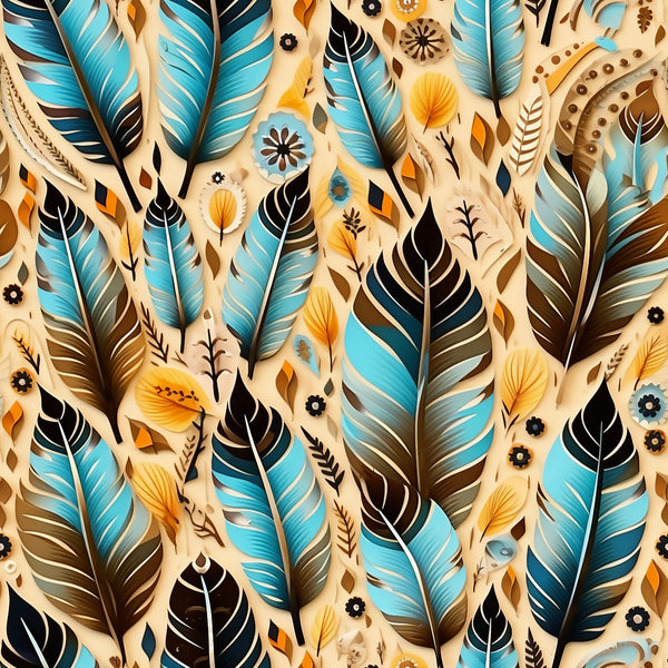 turquoise, brown, cream, orange, black, feather pattern, aztec design, tribal motifs, geometric shapes, floral elements, boho style, southwestern pattern,, fabric panel, native american inspired, decorative feathers, earth tones, bohemian aesthetic, craft fabric, patchwork material