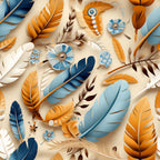 feathers, blue, orange, cream, beige, brown, aztec pattern, tribal design, geometric flowers, native american inspired, boho style, southwestern motif,, fabric panel, detailed illustration, layered elements, decorative feathers, ethnic pattern, warm color palette, craft fabric